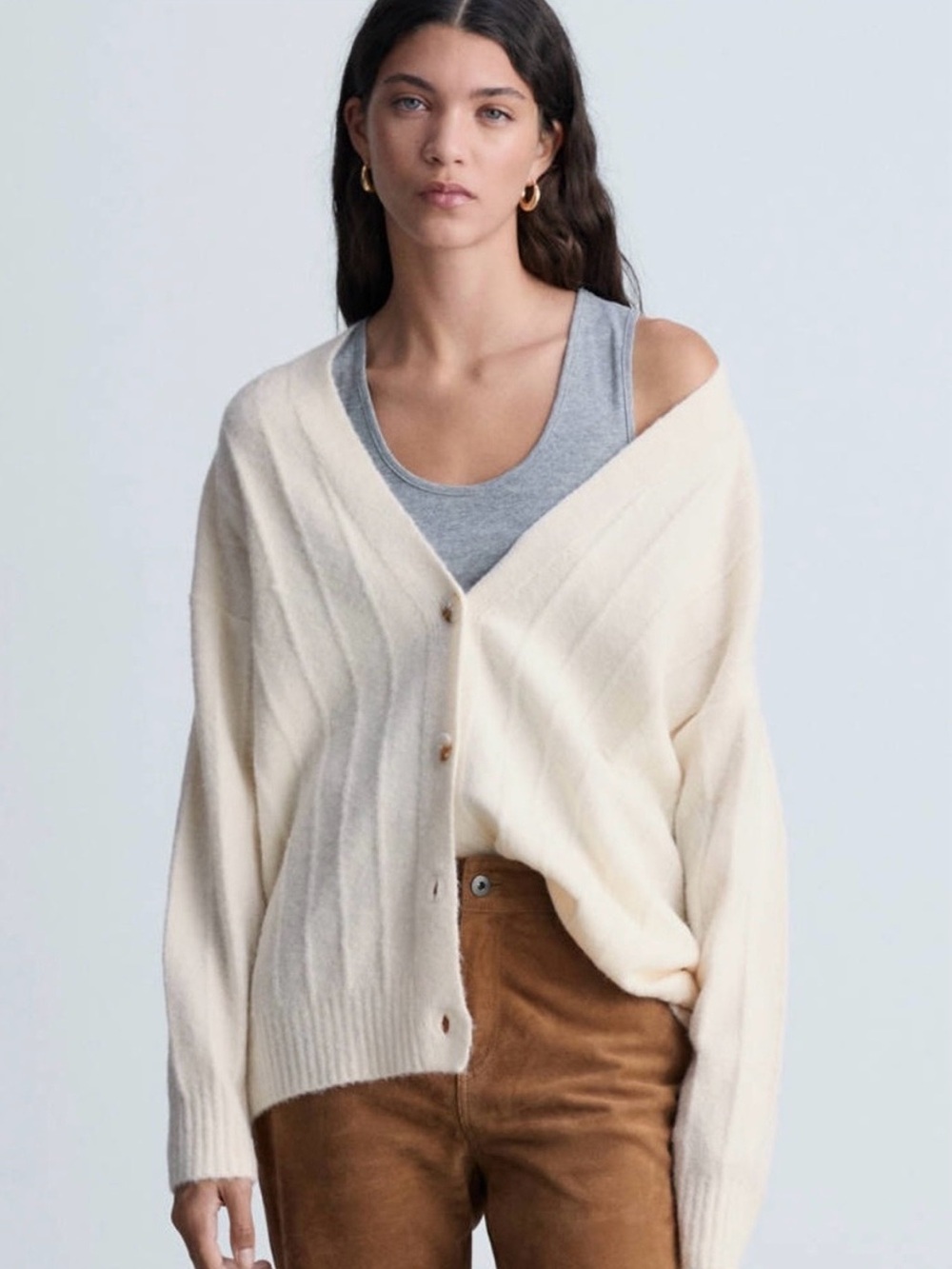 Mango Cream V-Neck Button-Up Cardigan